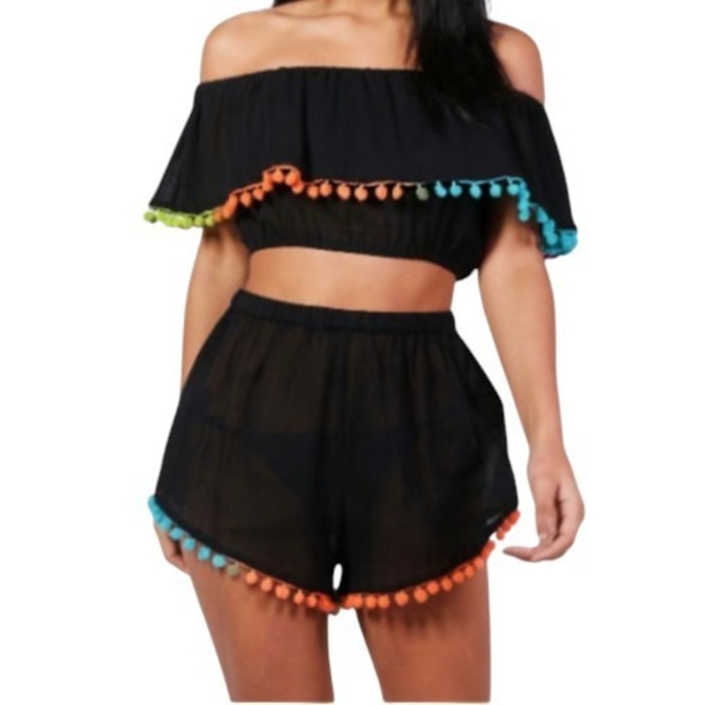 Boohoo 2-Piece, Size Medium Pom-Pom Off the Shoulder Beach Cover-up Festival NEW
